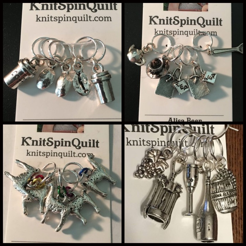 Four sets of knitting stitch markers featuring silver charms themed around tea, coffee, llamas, and wine