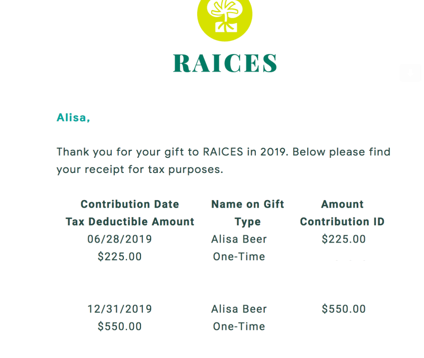 Screenshot from RAICES confirming a $27
